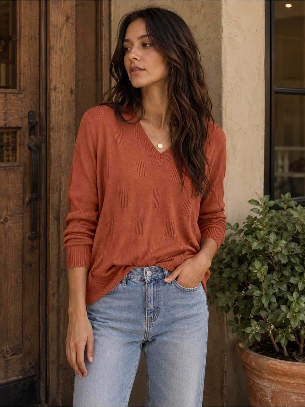 Arach & Cloz Rust Textured V Neck Lightweight Sweater Large